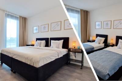 Spálňa s dvomi oddelenými lôžkami alebo s manželskou posteľou, Hillshome | Rodinný apartmán na Liptove, plnohodnotná základňa pre výlety, so saunou a terasou, Liptovský Mikuláš