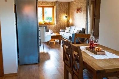 Apartmán 2 – obývačka prepojená s kuchyňou, River Cottage Bešeňová, Bešeňová