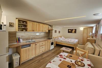 Štúdio Júlia - Plne vybavená kuchyňa prepojená so spálňovou s obývačkovou časťou, Romantické ubytovanie Chata Daniela & Štúdio Júlia, Ždiar