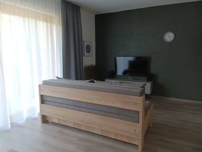 Obývačka s pohovkou a TV, Apartmán Lesanka, Oravská Lesná